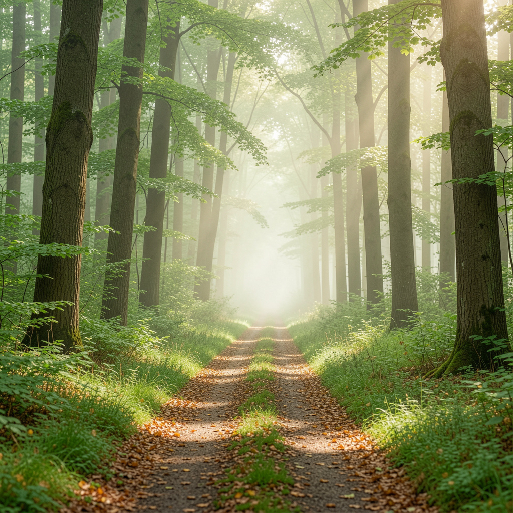 Rauhallinen metsäpolku vihreillä puilla ja luonnonvalolla